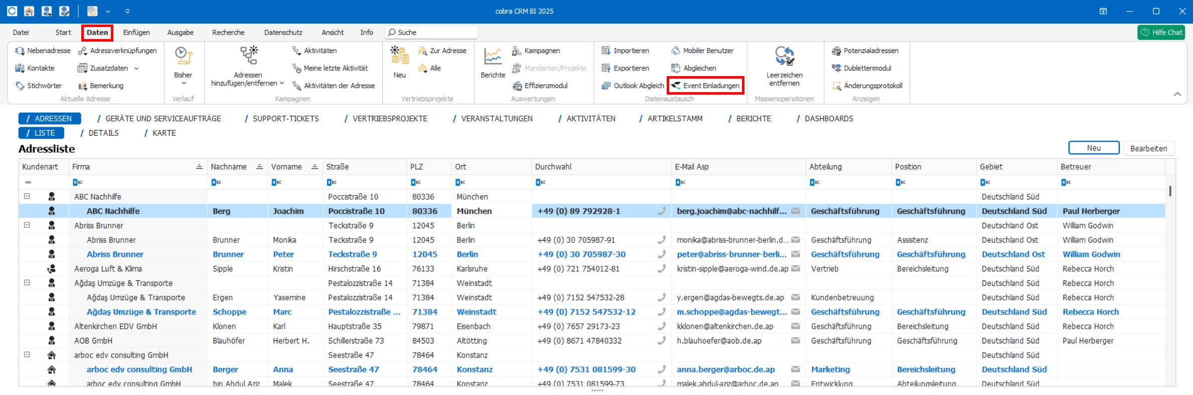 Events Uebersicht Detailansicht Einladungen CSV cobra CRM