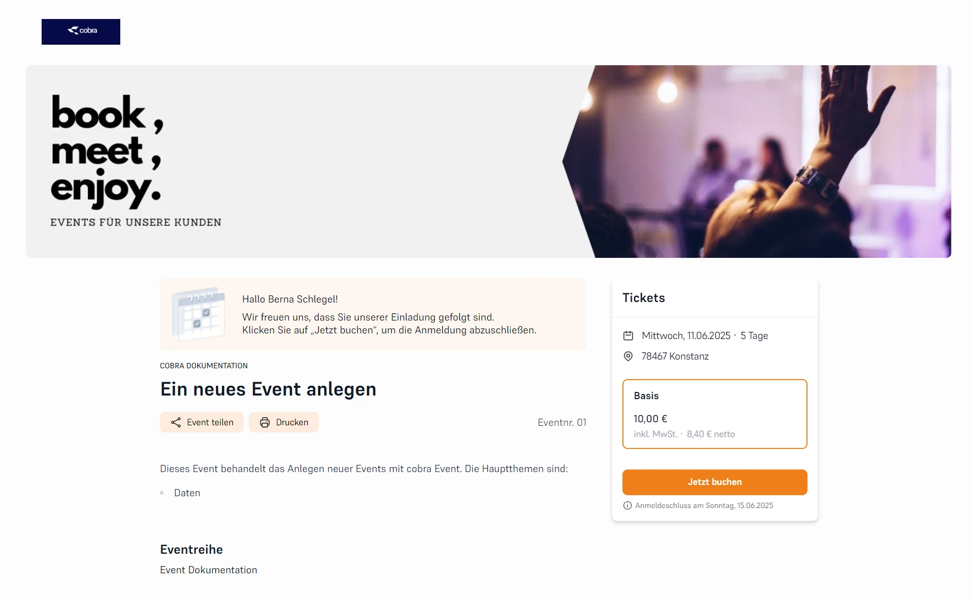 Events Uebersicht Detailansicht Einladungen nicht direkt Event-Webseite