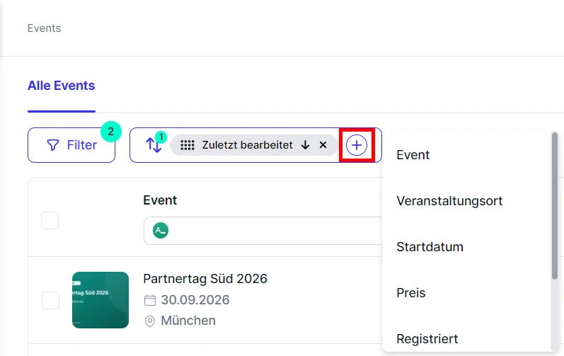 Events Uebersicht Sortierung setzen