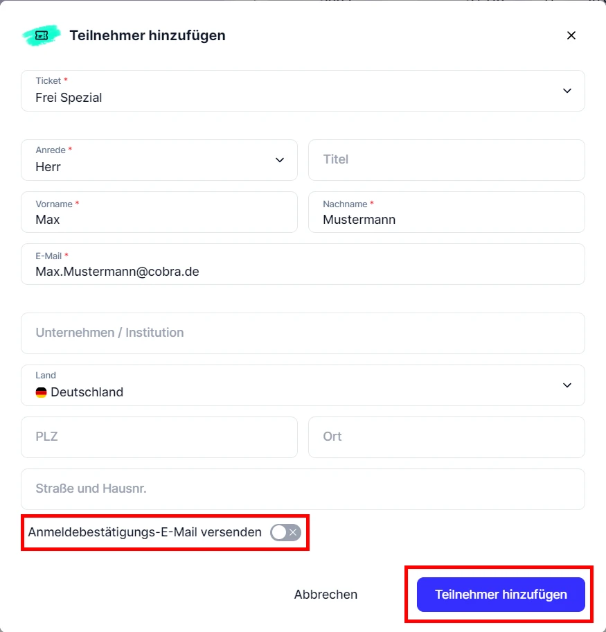 Events Uebersicht Detailansicht Teilnehmer hinzufügen manuell Beispiel