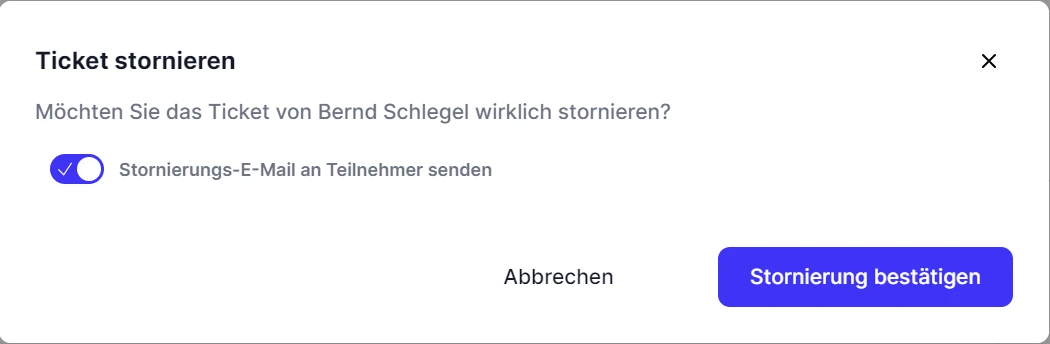 Events Uebersicht Detailansicht Teilnehmer Details Stornierungsdialog kostenlos